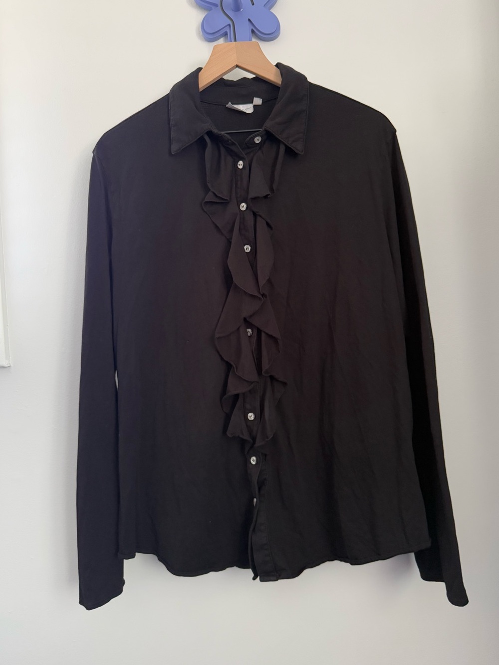 Prairie Cotton 1X Ruffle Front Button Up Long Sleeve Shirt Black